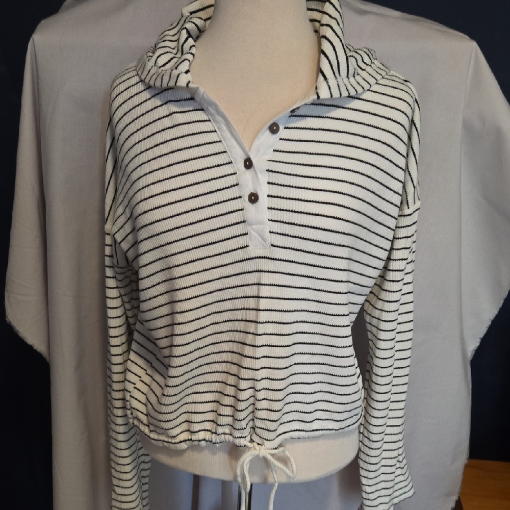 Thread & Supply Black and White Striped Hoodie With Adjustable Drawstring Waist